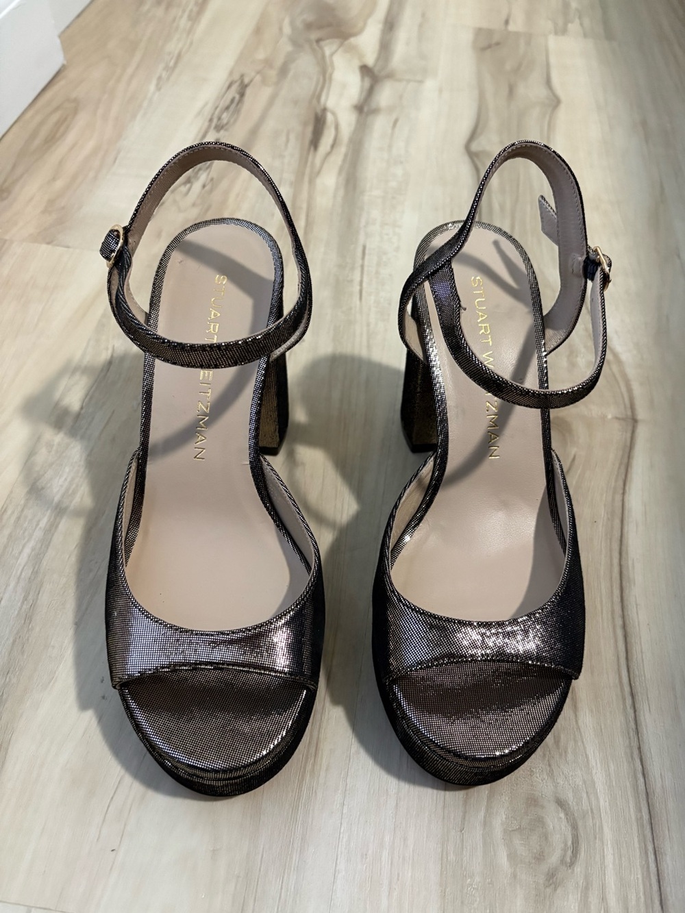 Stuart Weitzman Metallic Pewter Platform Sandal with Ankle Strap